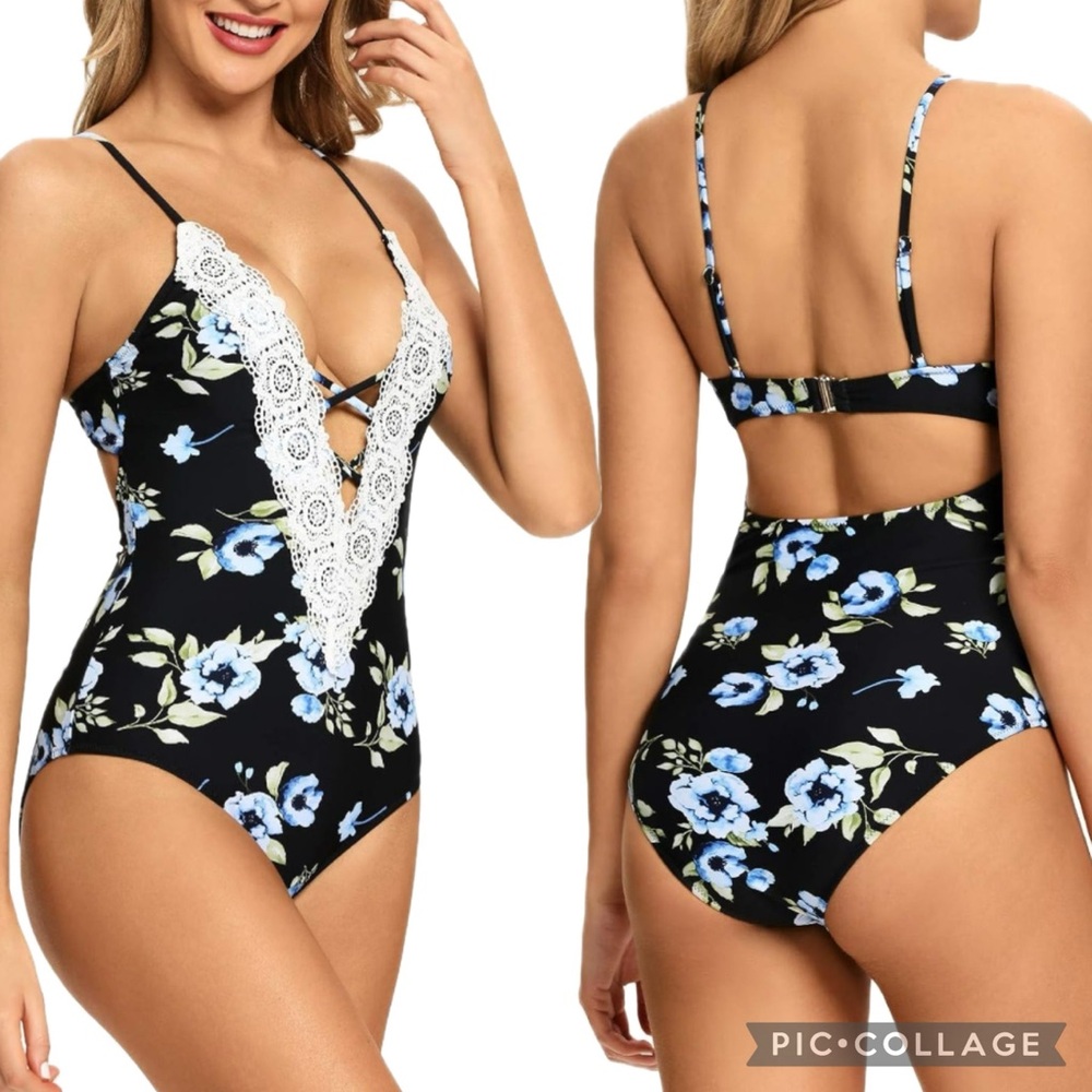Modihito Black Floral & Crochet Lace Up V-Neck Tummy Control One Piece Swimsuit